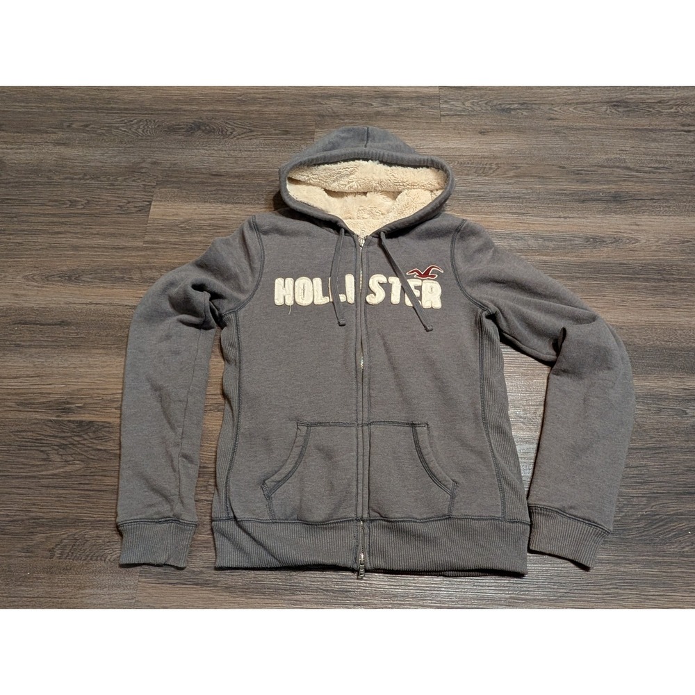 Hollister Gray Sherpa Lined Full Zip Hoodie Embroidered Logo Size L